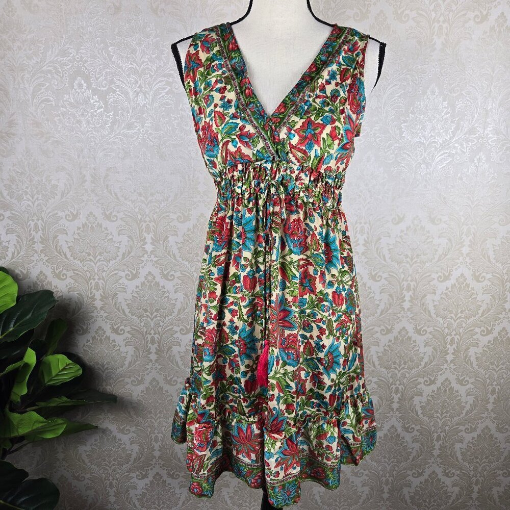 Floral Silk Blend Sleeveless Dress Elastic Waist A-lIne Skirt Ruffle Size Small
